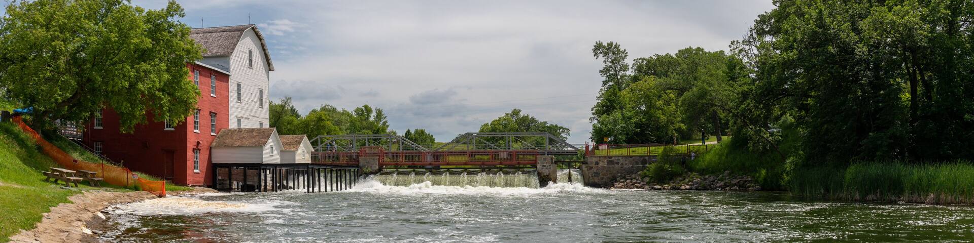 Phelps Mill historical flour mill on the Ottertail River in rural Minnesota, USA.