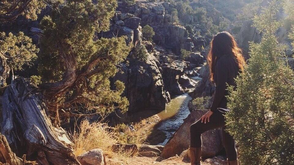A person standing on a rocky terrain with a river flowing through a canyon surrounded by trees and hills.