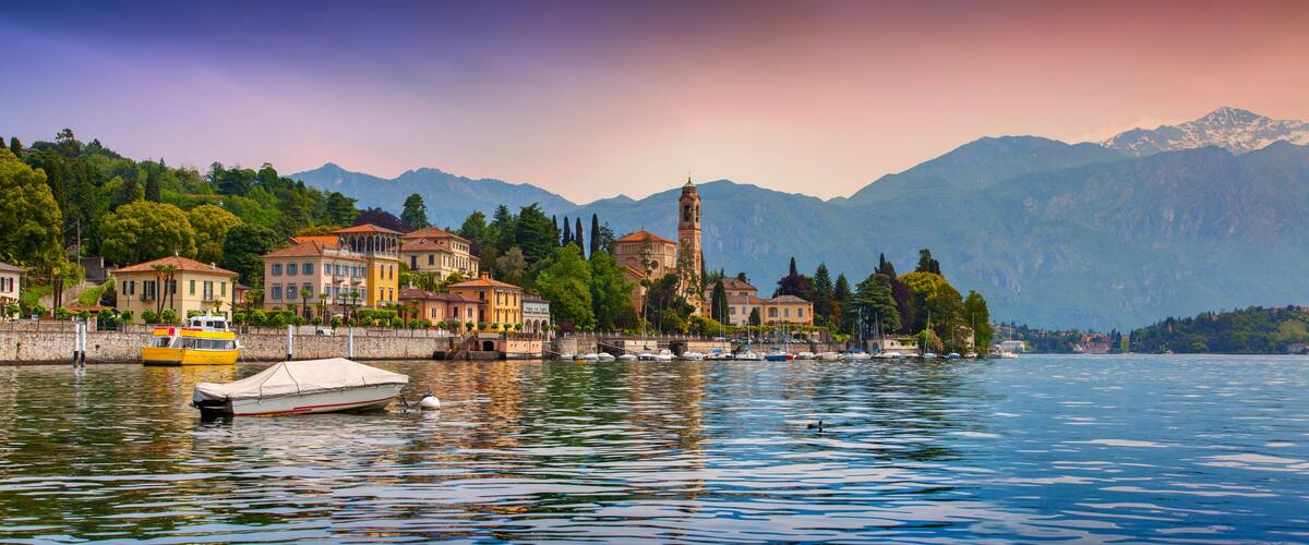 View of the city Mezzegra, colorful evening on the Como lake