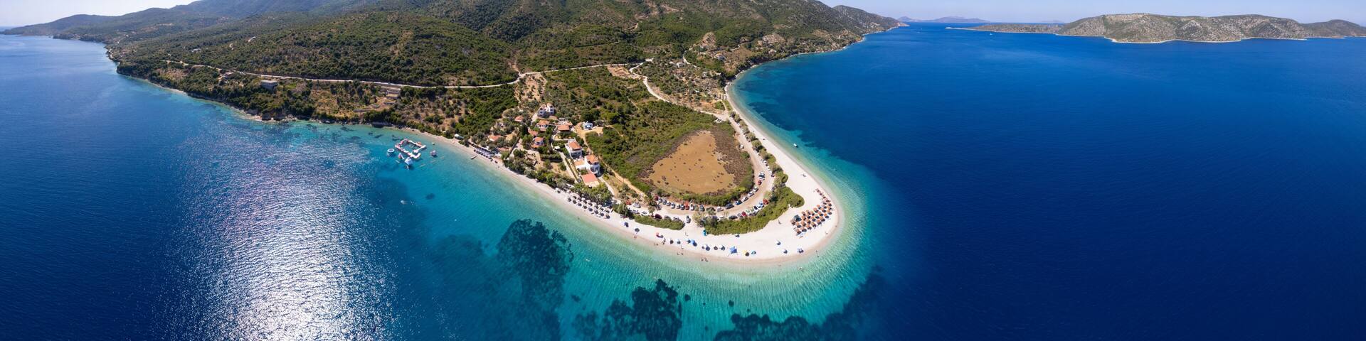 16K Ultra High Resolution Gigapixel Panorama of Agios Dimitrios Beach — Iconic Lingua Sand Spit and Crystal Emerald Water, Alonissos Marine Park Sporades Greece, aerial drone view