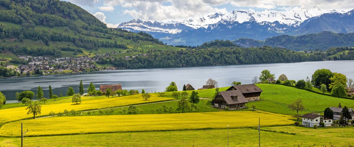 A mountainous landscape with a lake, green fields, and snow-capped peaks.