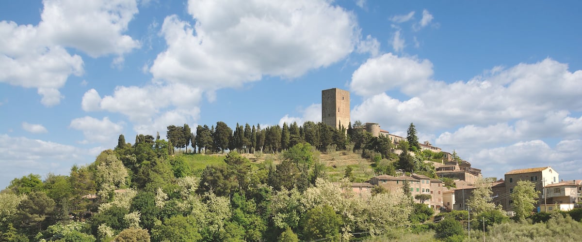 A hilltop with a medieval tower, lush greenery, and a small village.