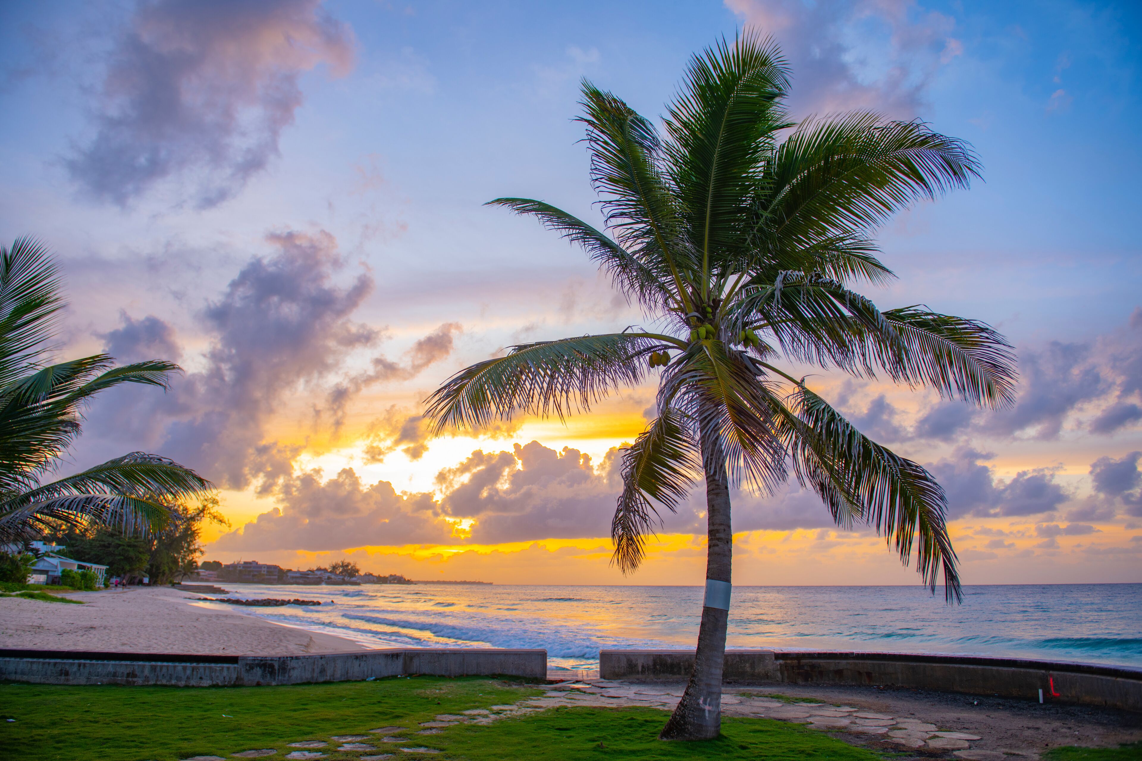 Hastings Beach at sunrise with twilight at Hastings Rocks Park at South Coast in village of Hastings, Christ Church, Barbados. 