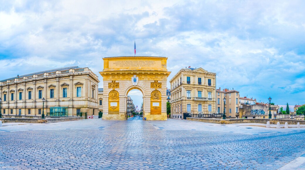 A historic archway with intricate carvings and a plaque, flanked by classical buildings.