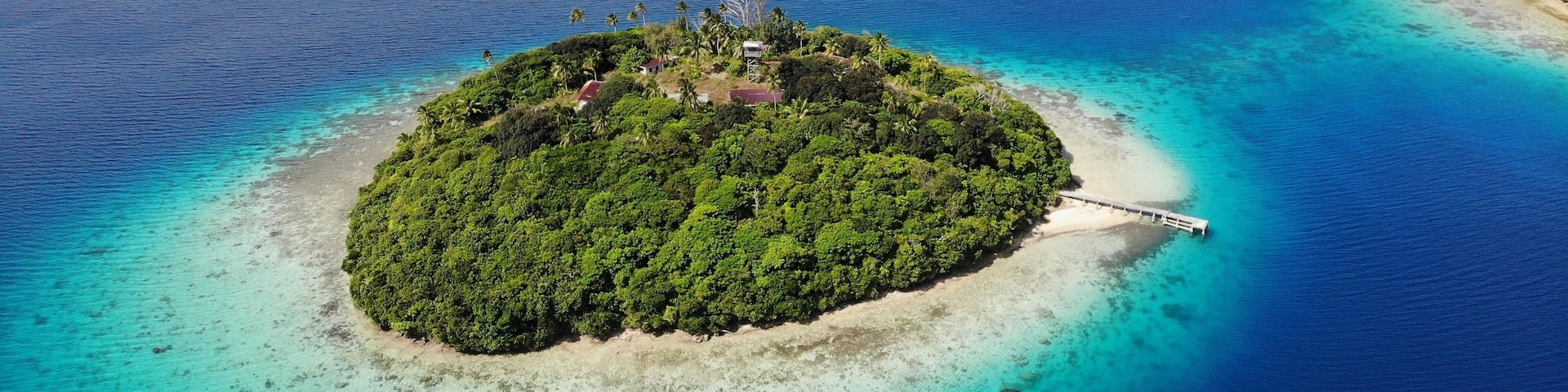 An aerial view of a tropical island with a small beach and dense greenery.