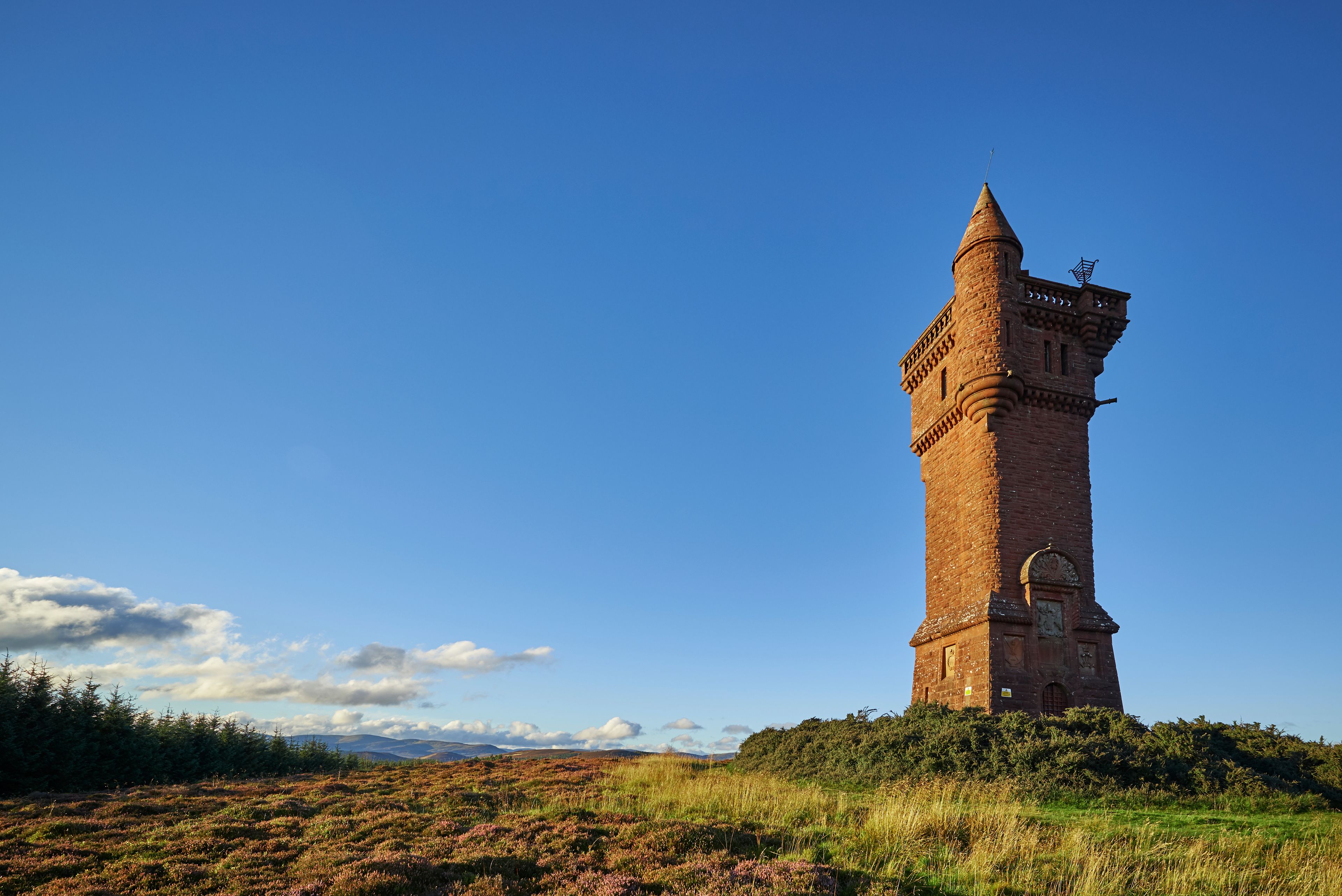 Una alta torre de ladrillo con techo puntiagudo, rodeada de brezo y hierba bajo un cielo azul despejado.