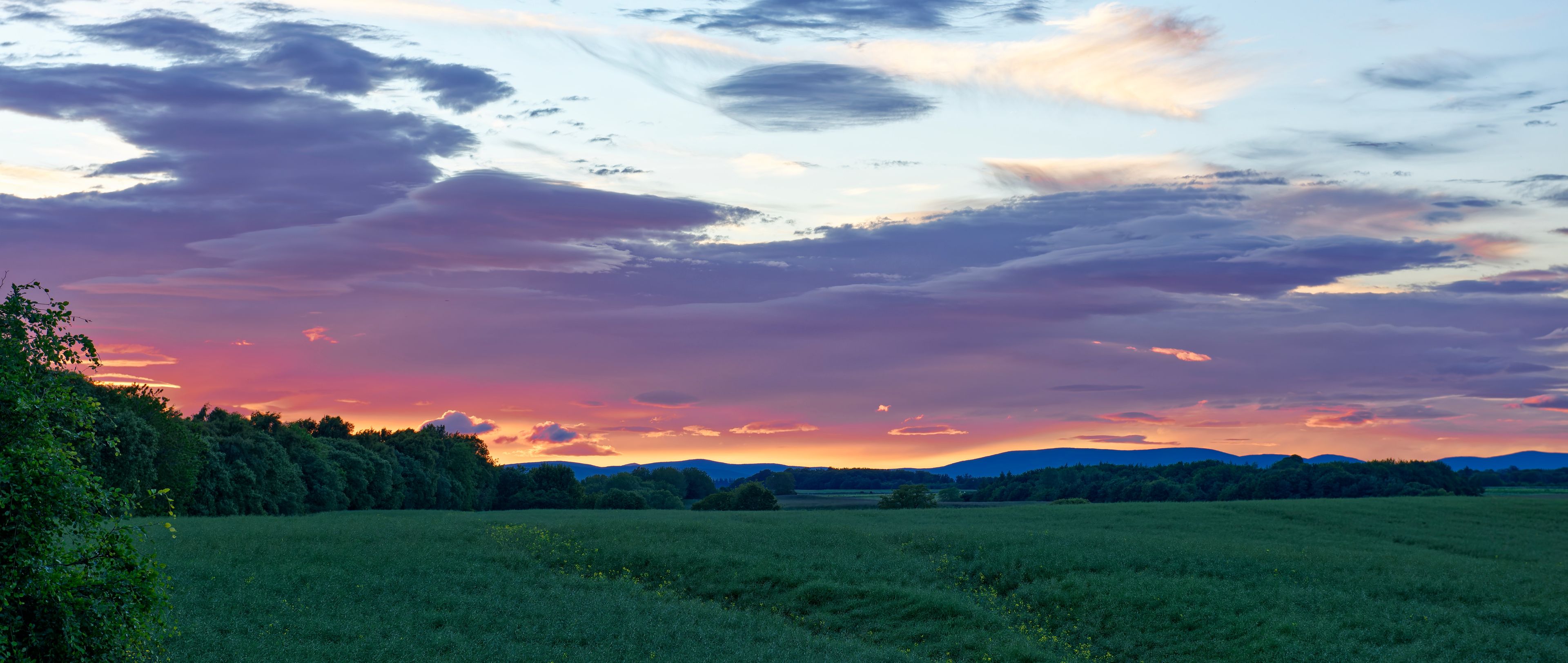 Un atardecer sobre un campo verde con árboles y montañas distantes.