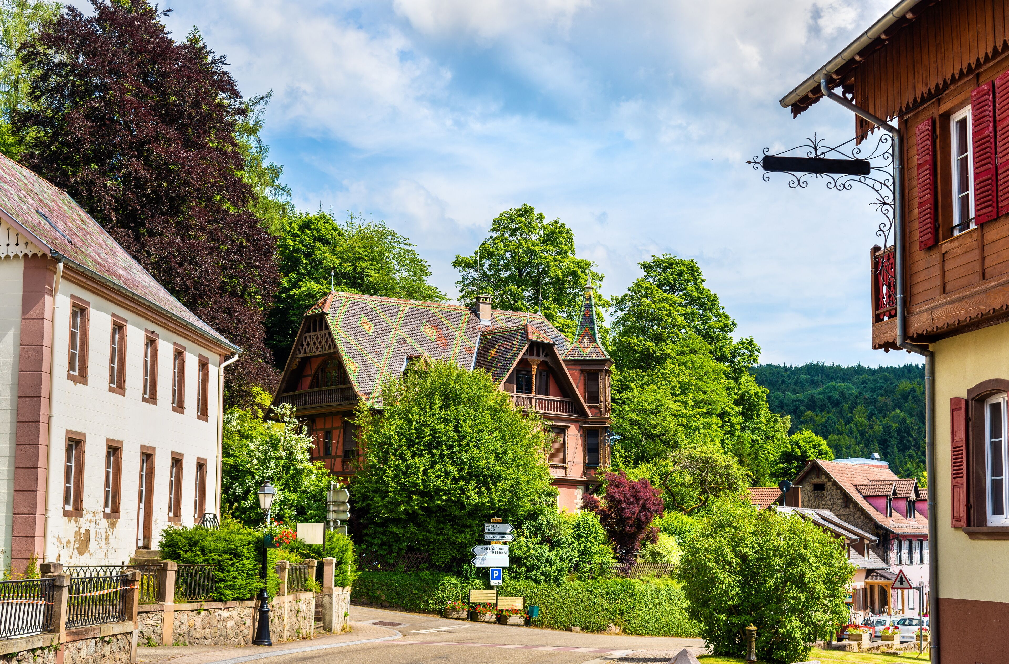 A quaint village street lined with traditional buildings, a cobblestone path, and lush greenery.