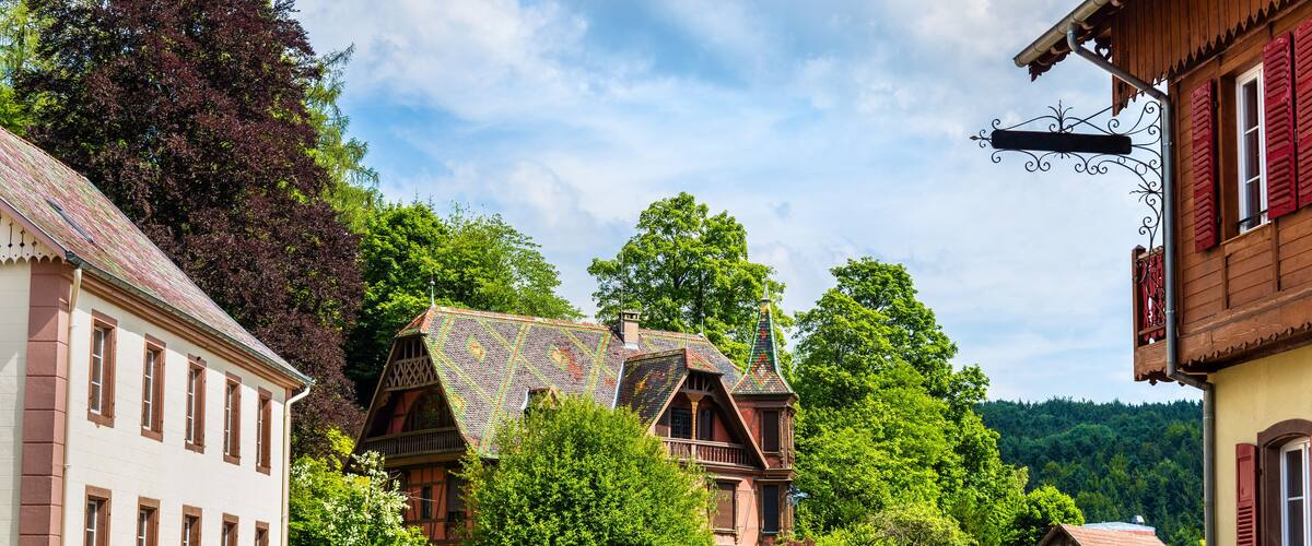 A quaint village street lined with traditional buildings, a cobblestone path, and lush greenery.