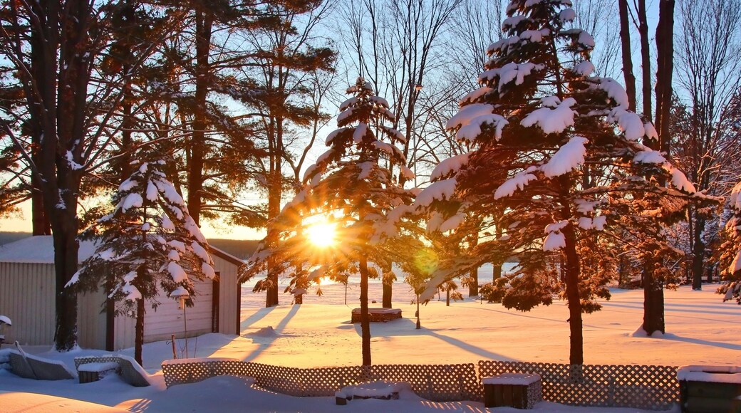 Beautiful snowy winter rural landscape during sunrise. Scenic view with covered by fresh snow backyard of private house in the setting sun light. Wisconsin nature background, Wausau area, Midwest USA.