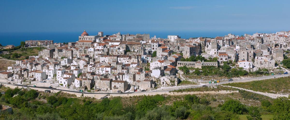 A coastal town with historic stone buildings and a prominent fortress-like structure.