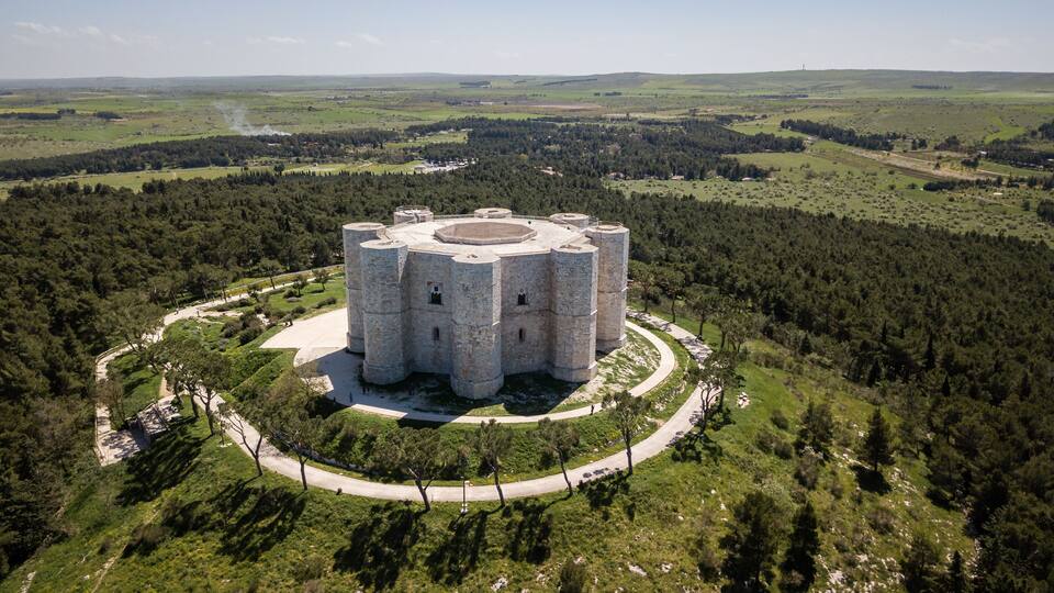 A large stone castle surrounded by a forested area with a clear sky.