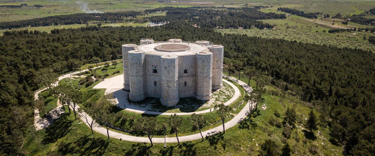 A large stone castle surrounded by a forested area with a clear sky.
