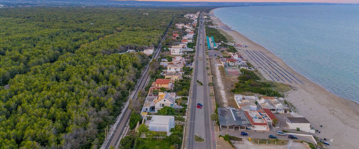 An aerial view of a coastal town with a beach, dense forest, and a railway line.