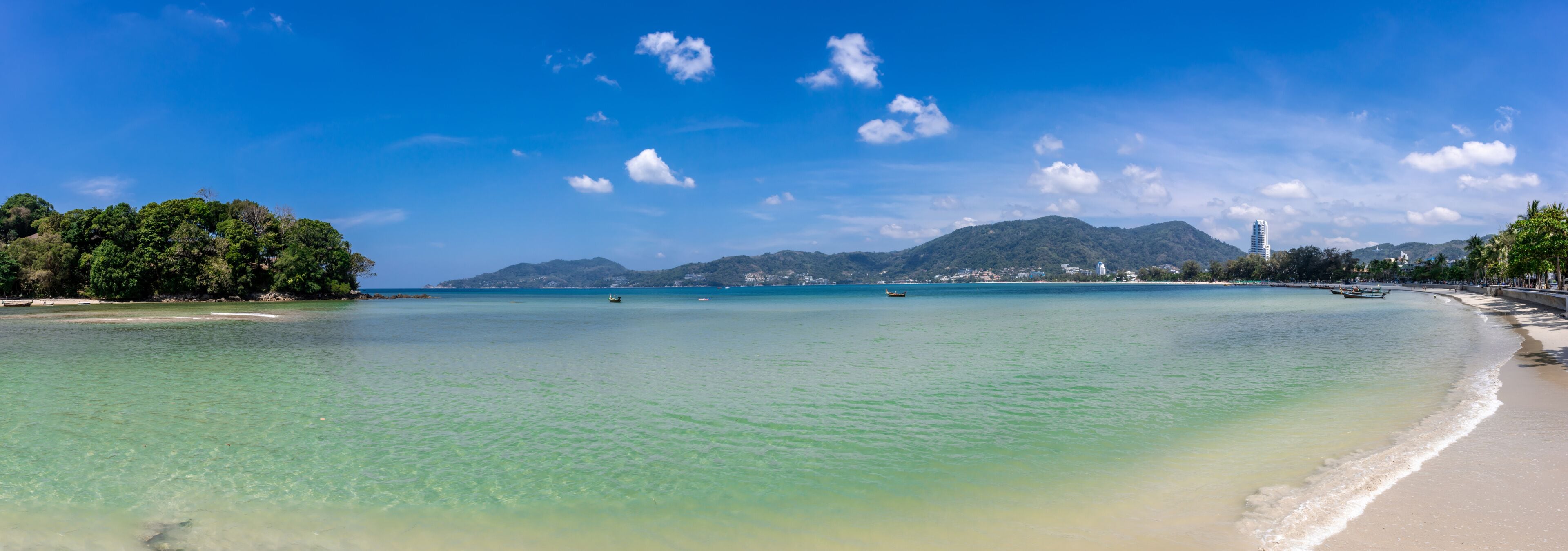 Panoramic view of Patong and patong beach with the buildings and high-rise hotels and resorts in the background Kathu phuket Thailand 