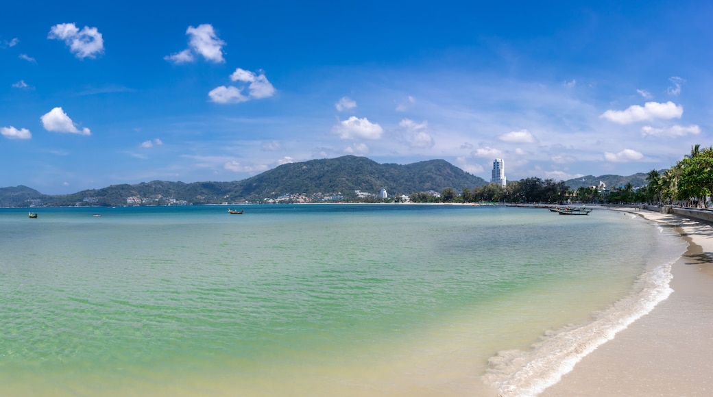 Panoramic view of Patong and patong beach with the buildings and high-rise hotels and resorts in the background Kathu phuket Thailand