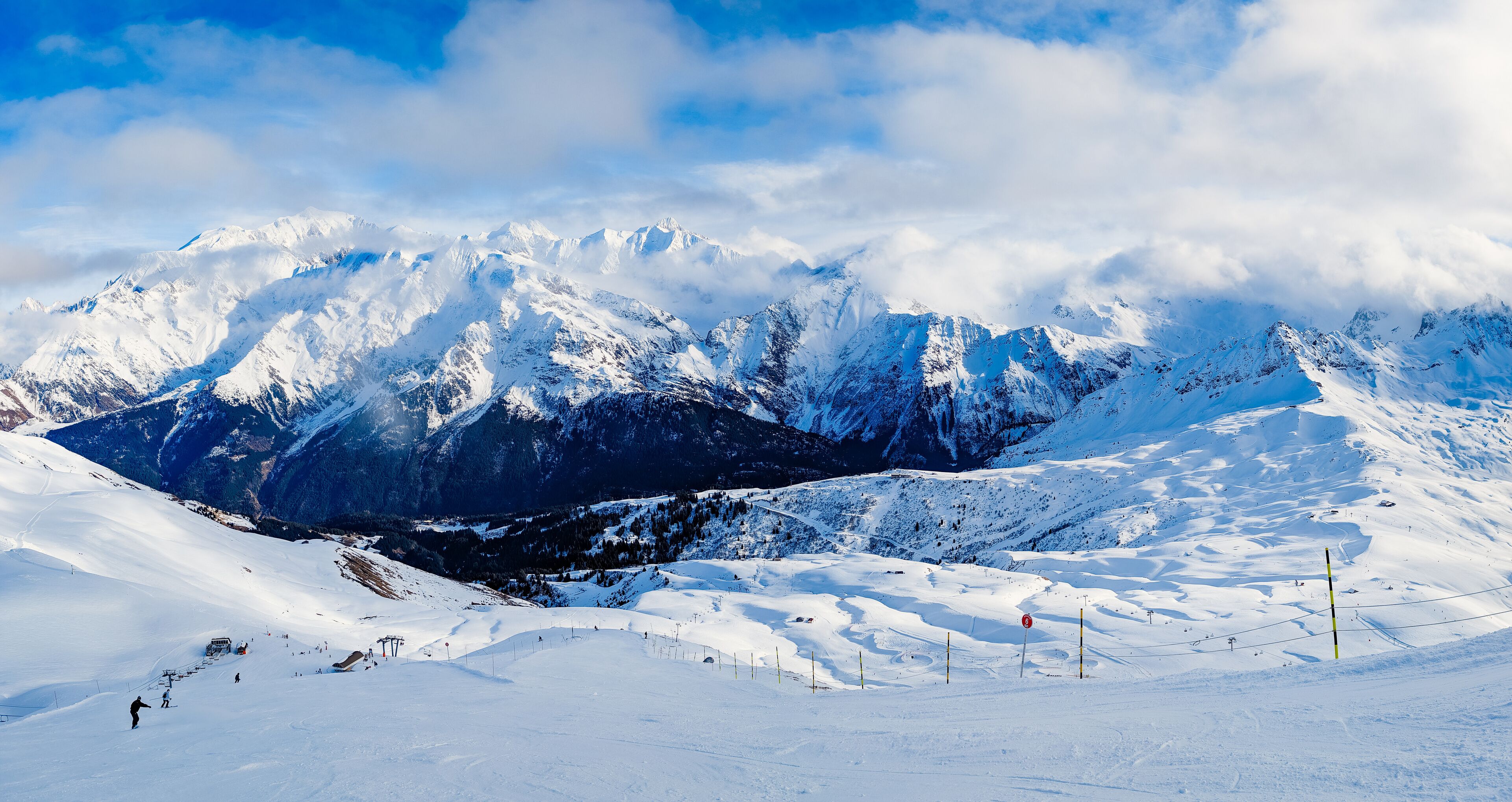Mountains and skiing in Les Contamines, French alps.