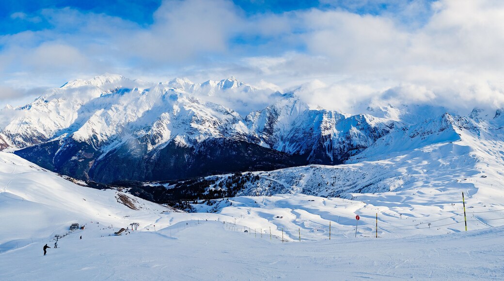 Mountains and skiing in Les Contamines, French alps.
