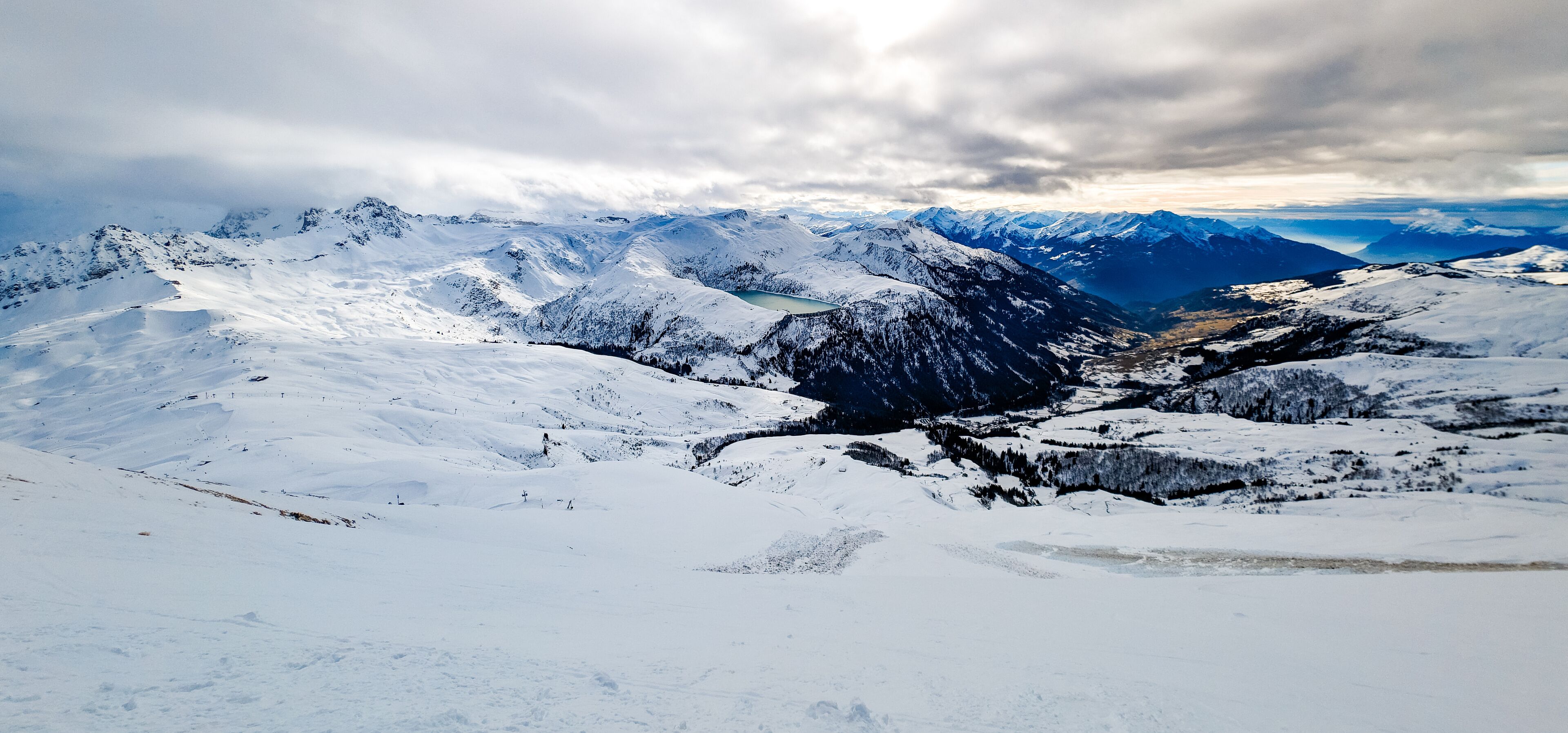 Mountains and skiing in Les Contamines, French alps.