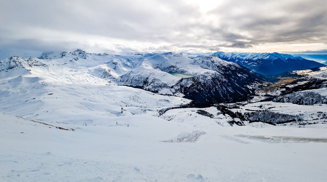 Mountains and skiing in Les Contamines, French alps.
