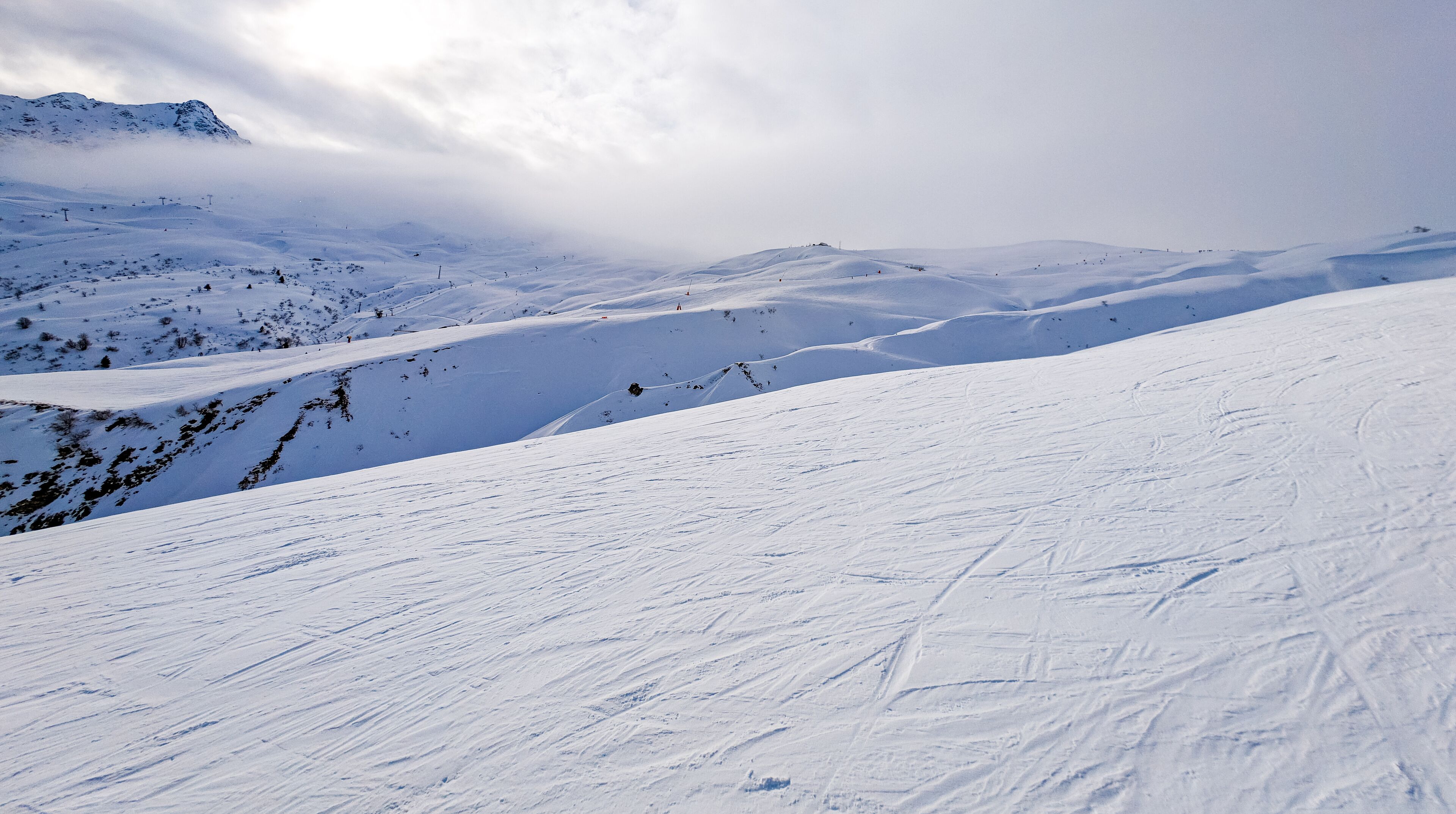 Mountains and skiing in Les Contamines, French alps.