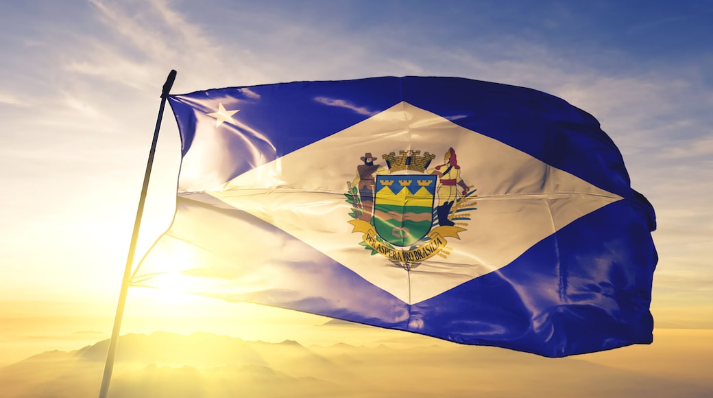 Taubate of Brazil flag waving on the top sunrise mist fog