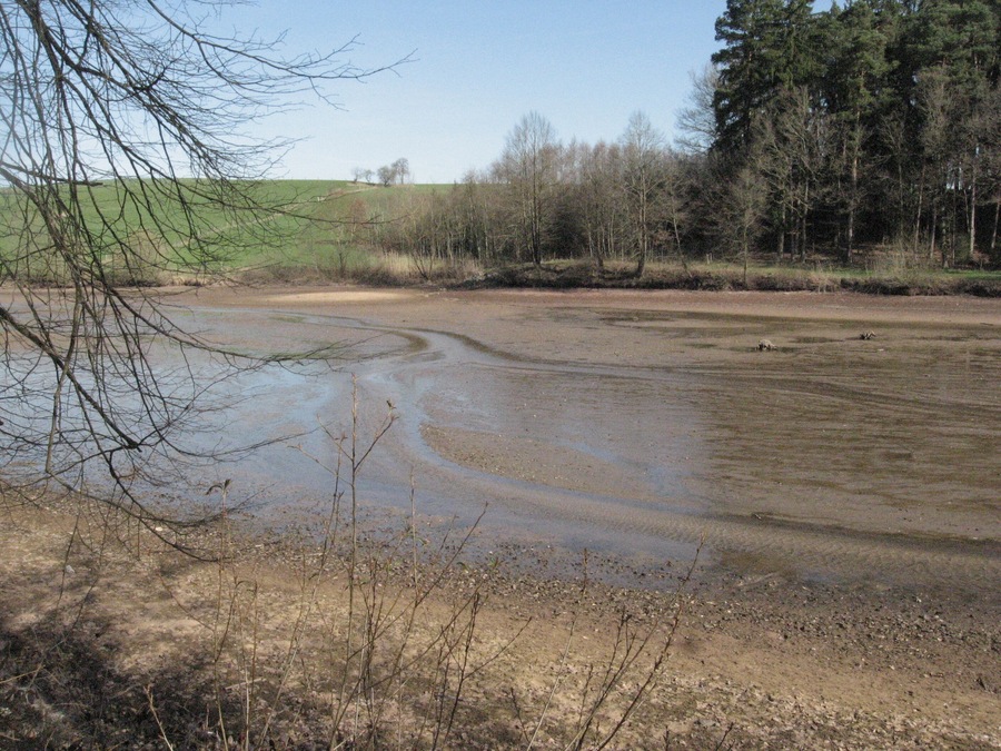 Blick nach NE über den oberen Glasweiher bei Ellwangen-Glassägmühle. Bei Niedrigwasser – ein Hinweisschild am See sprach von Durchspülen – fließt der Rotenbach in kleinen Strömungsrinnen auf dem sandigen Seegrund.