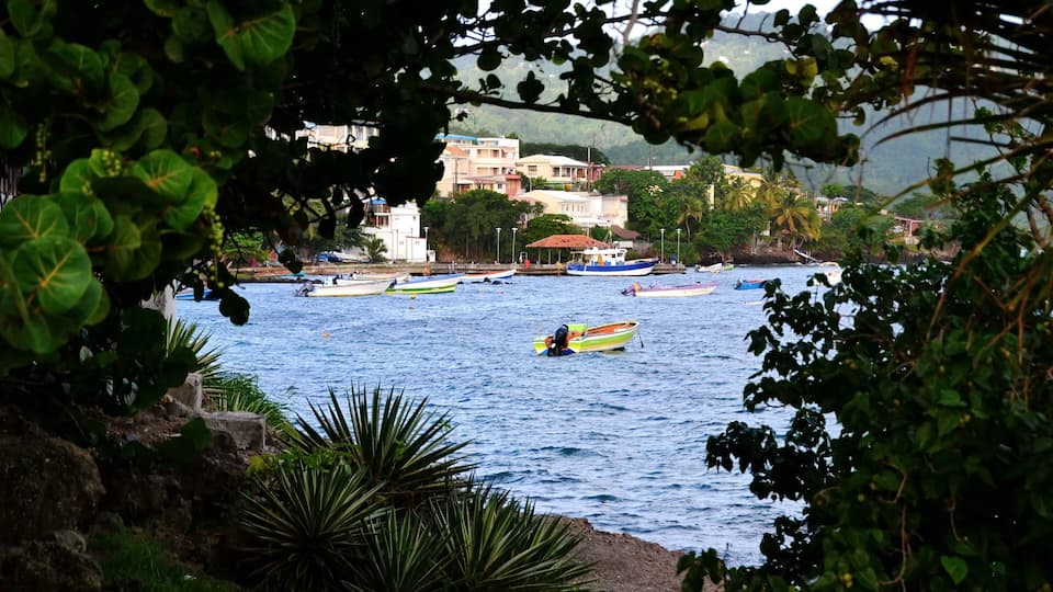 A coastal town with boats on the water, surrounded by greenery and buildings.