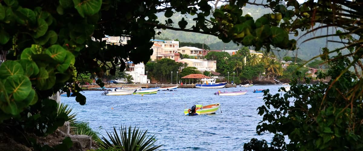 A coastal town with boats on the water, surrounded by greenery and buildings.