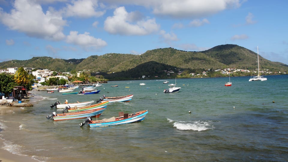 A coastal scene with colorful boats anchored near the shore, a clear blue sky, and a hilly backdrop.