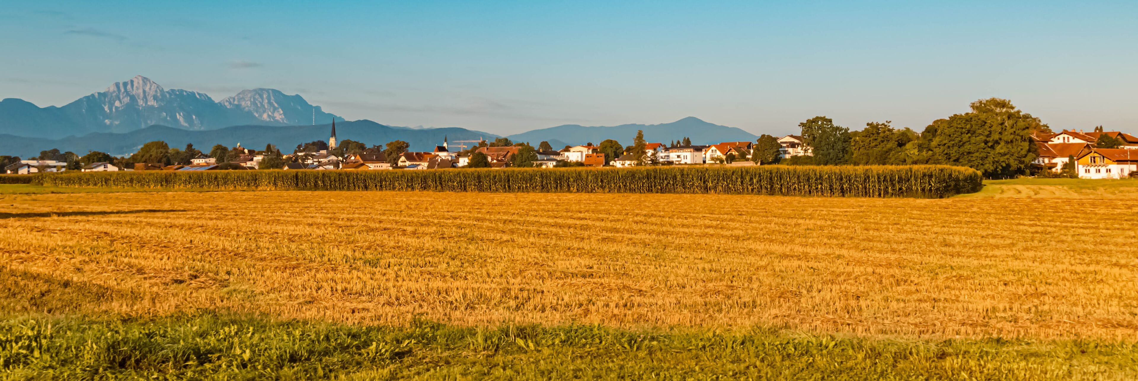Beautiful alpine summer view with the famous Hochstaufen summit in the background near Freilassing, Bavaria, Germany