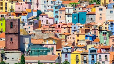 Panoramic view of colorful houses in the old town of Bosa, Sardinia island panorama, Italy