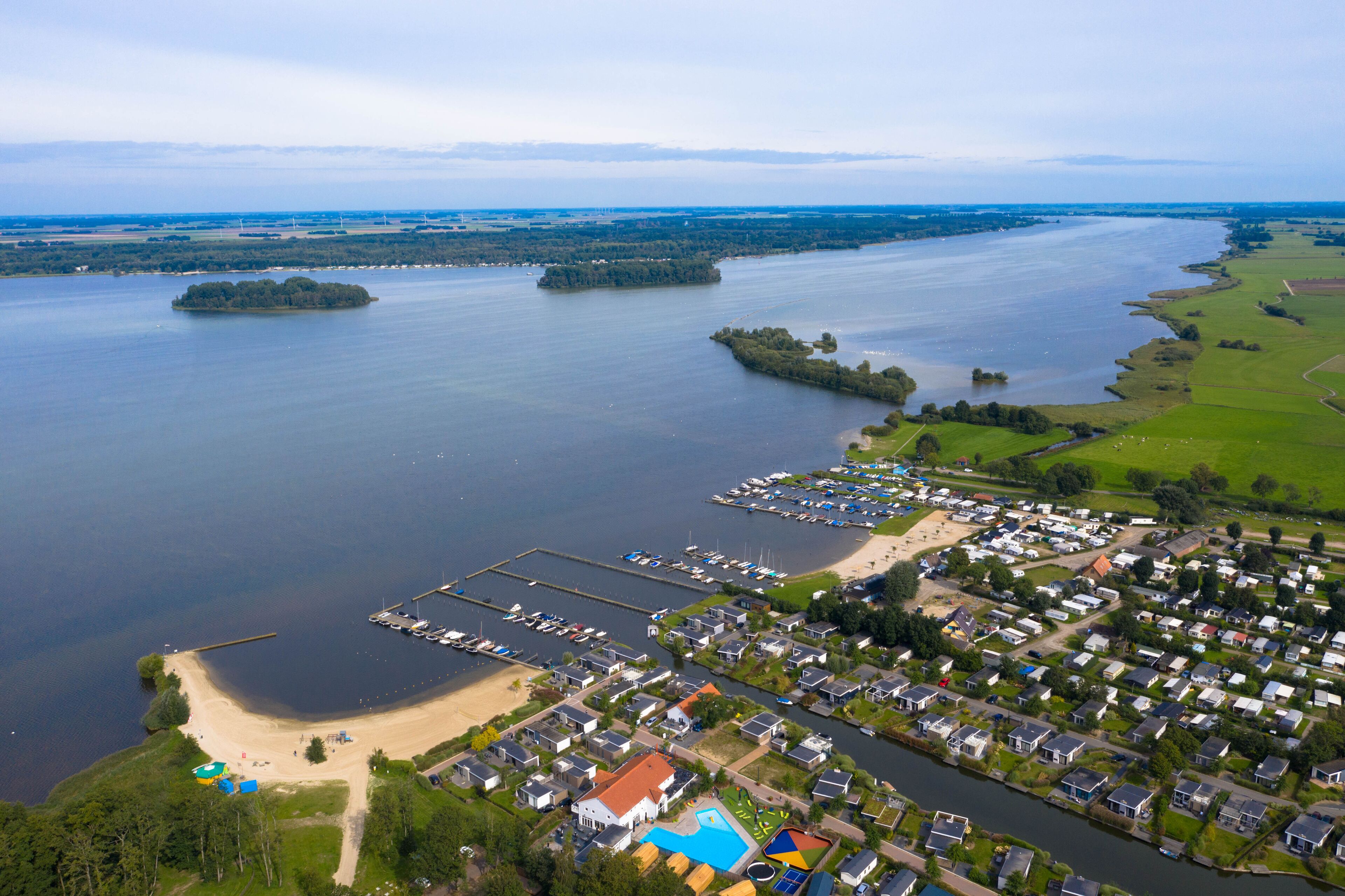 Aerial view of the Europarc Hulshorst campsite on the Veluwemeer near the village of Nunspeed. Gelderland, Netherlands. Traditional vacation in Holland. Drone photography.