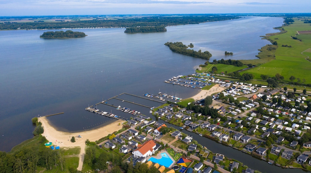 Aerial view of the Europarc Hulshorst campsite on the Veluwemeer near the village of Nunspeed. Gelderland, Netherlands. Traditional vacation in Holland. Drone photography.