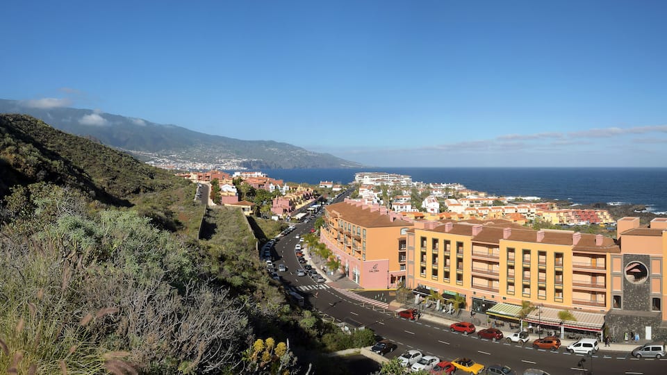 A coastal town with a winding road, buildings, and a view of the sea.