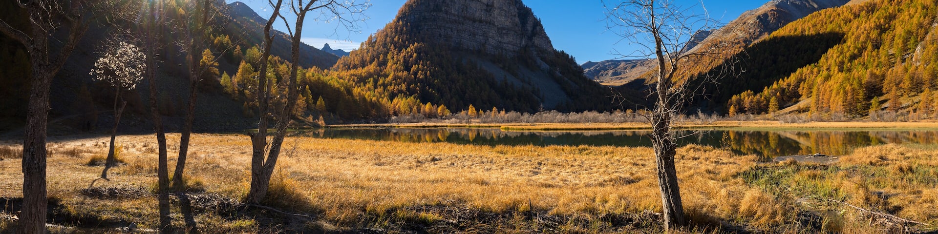 Lac des Sagnes in Autumn with La Tour des Sagnes pyramidal shaped mountain in the Mercantour National Park (panoramic). Jausiers, Ubaye Valley, Alpes de Haute Provence, Alps, France