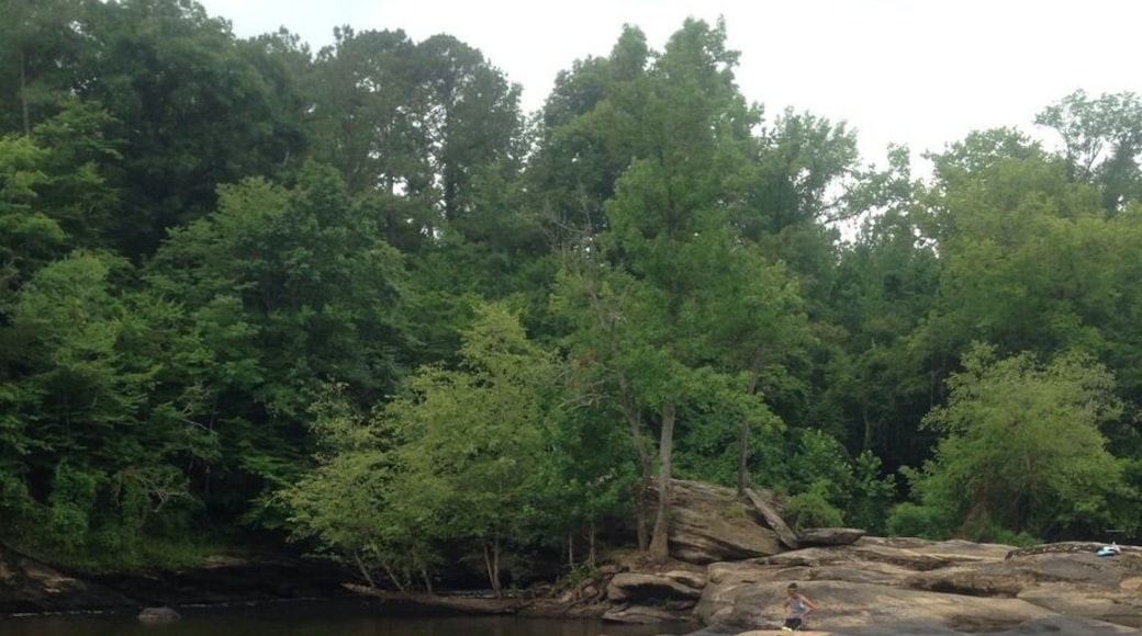 There's a trail that starts to the left of the visitor center parking lot. It's 5.5 miles and a little more strenuous than others. If you venture off to the Lanier falls trail, you'll end up on these huge rocks on the river that you can walk on