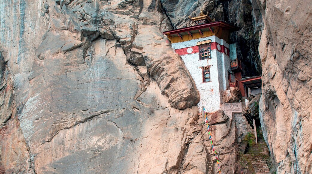 Small temple built into the rocks, near the Tiger's Nest, or Taktsang Monastery, Paro, Bhutan.