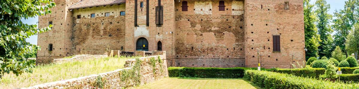 View at the Visconteo Castle in the streets of Cherasco - Italy