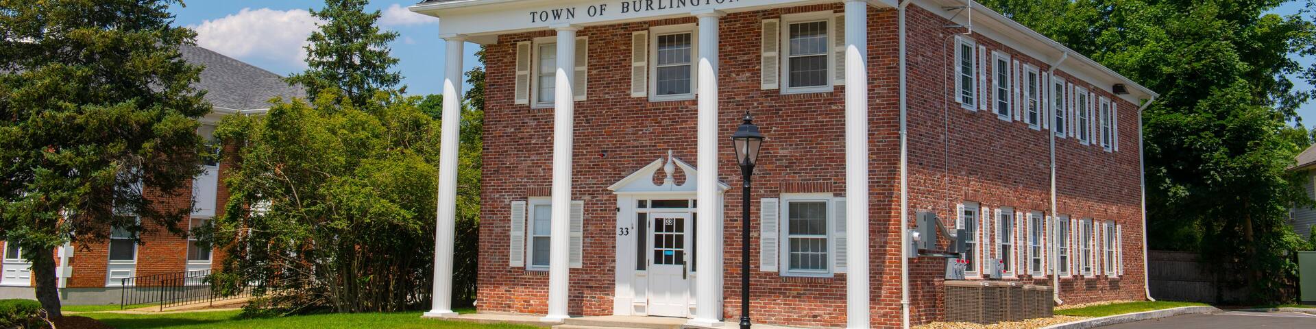 Burlington Town Hall at Town Common at 33 Center Street in historic town center of Burlington, Massachusetts MA, USA.