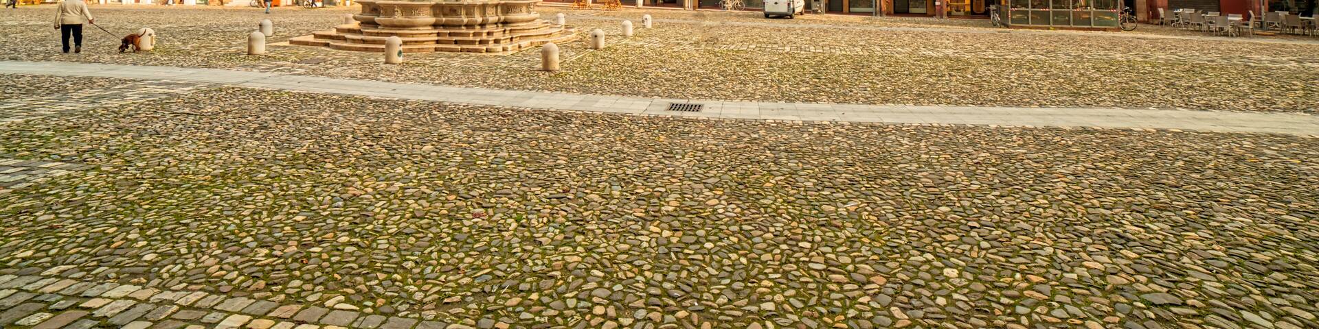 typical colorful buildings in main square of Cesena, undiscovered wonderful city of Italy