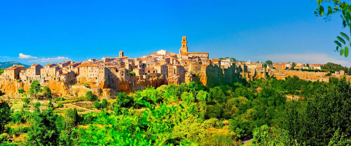 A historic town with a prominent tower, terraced vineyards, and lush greenery.