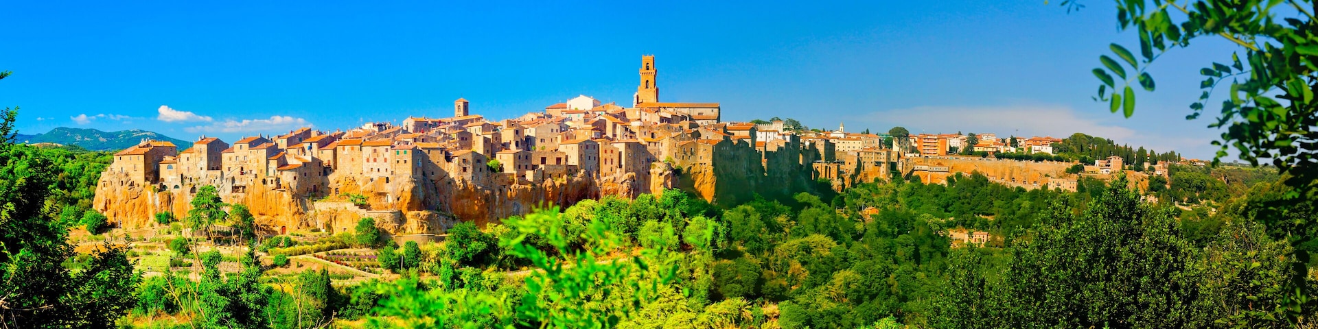 A historic town with a prominent tower, terraced vineyards, and lush greenery.