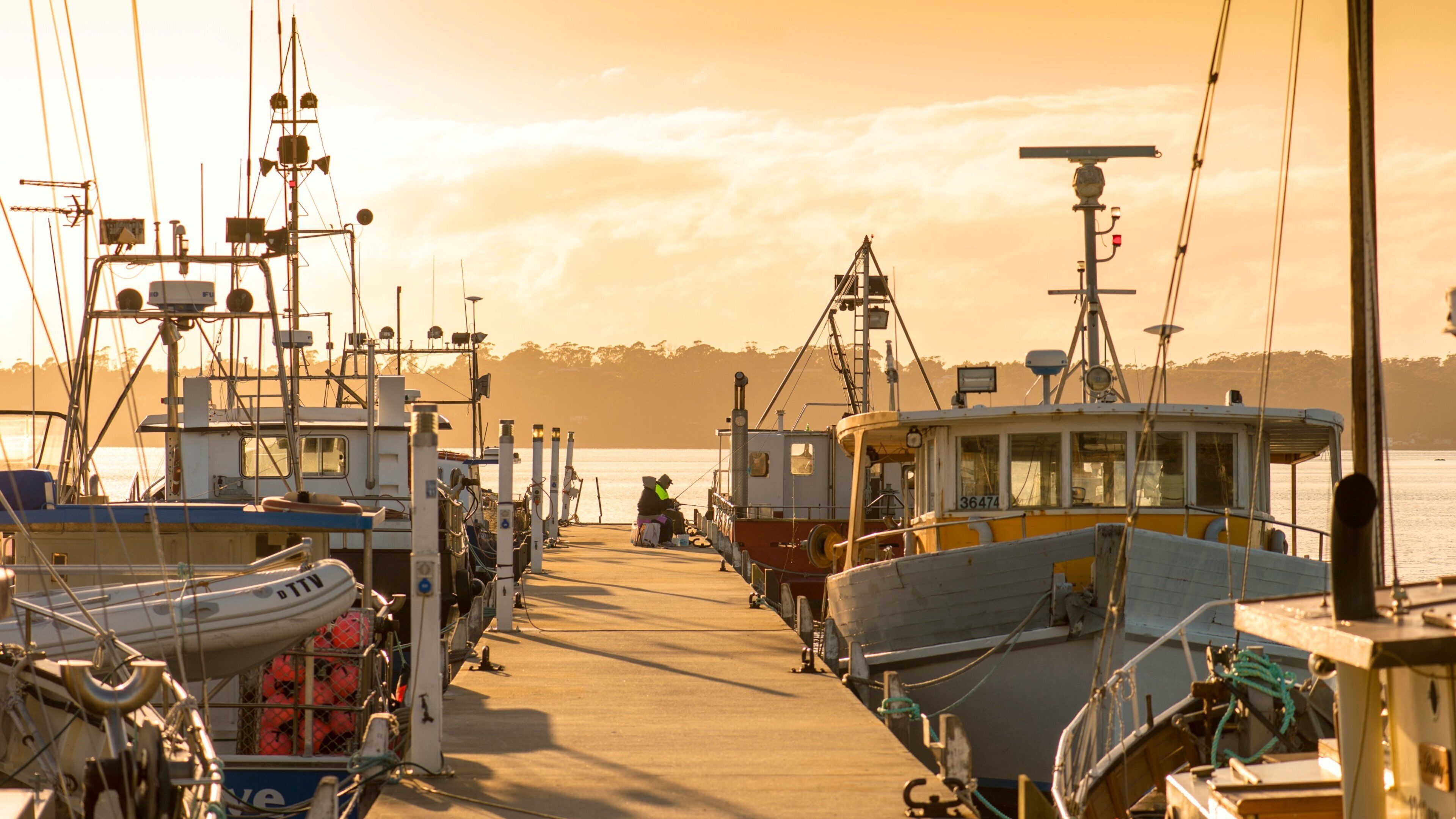 A marina with several boats docked, a pier extending into the water, and a sunset in the background.
