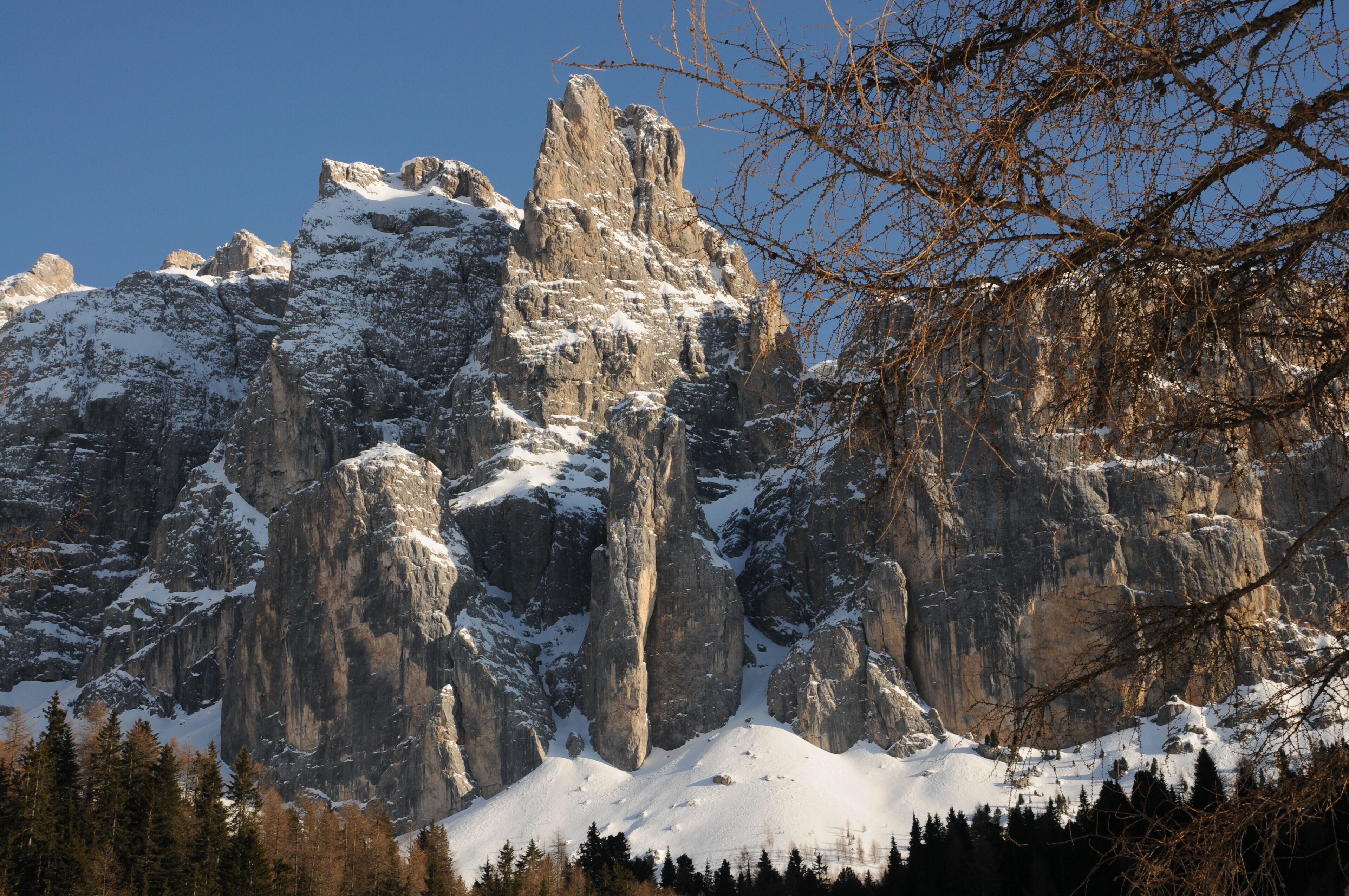 A snow-covered mountain with rocky peaks and a forested foreground.