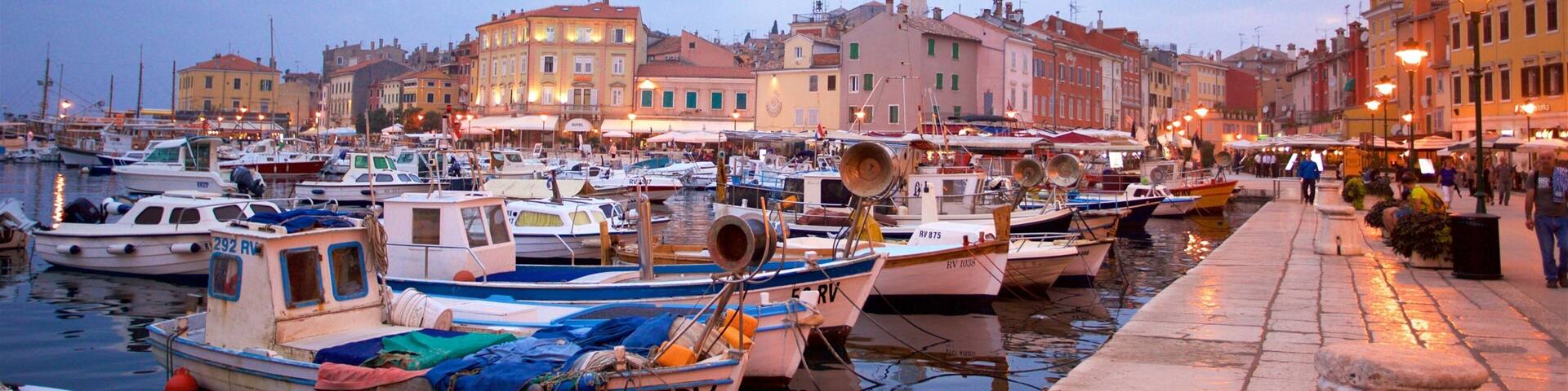 Istria showing boating, a bay or harbor and night scenes