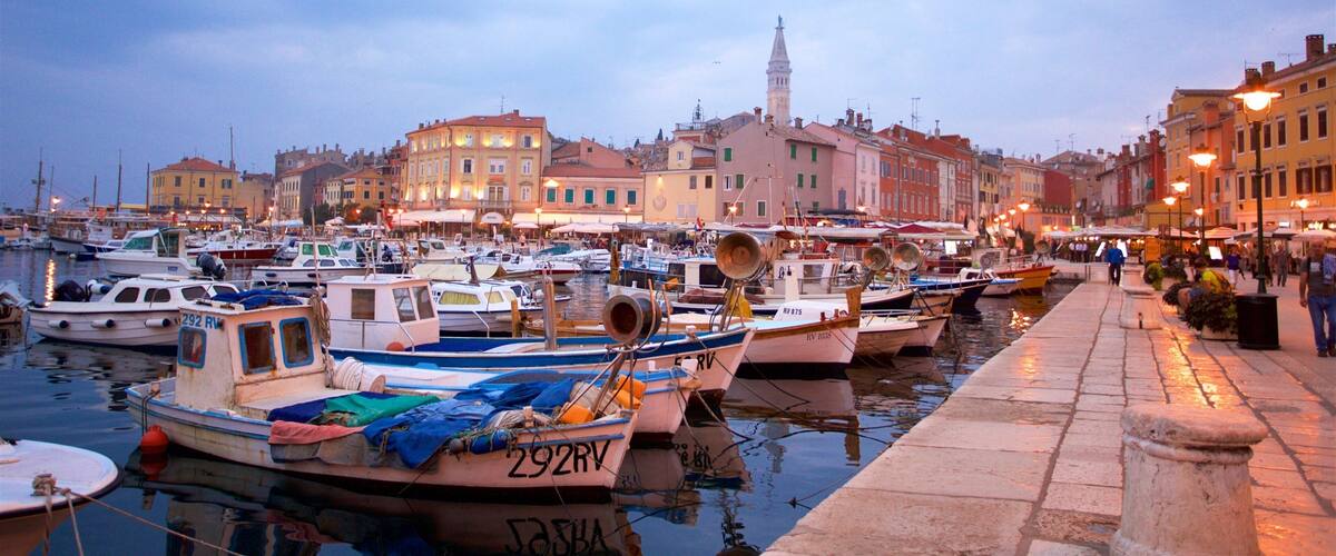 A marina with boats docked, a prominent tower in the background, and a waterfront promenade with buildings.