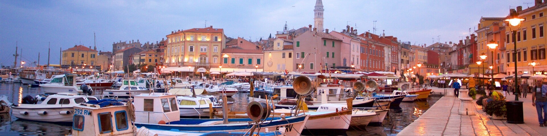 A marina with boats docked, a prominent tower in the background, and a waterfront promenade with buildings.