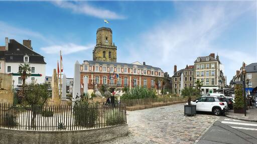 Belfry of Boulogne-sur-Mer, town hall and Palais Impérial at place godefroy-de-bouillon, Ville fortifiée, Boulogne-sur-Mer, Pas-de-Calais, Hauts-de-France, France