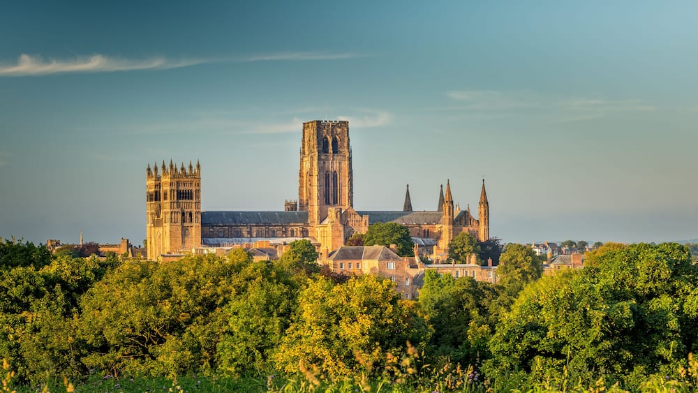 A historic cathedral with twin towers and a tall central spire, surrounded by lush greenery.